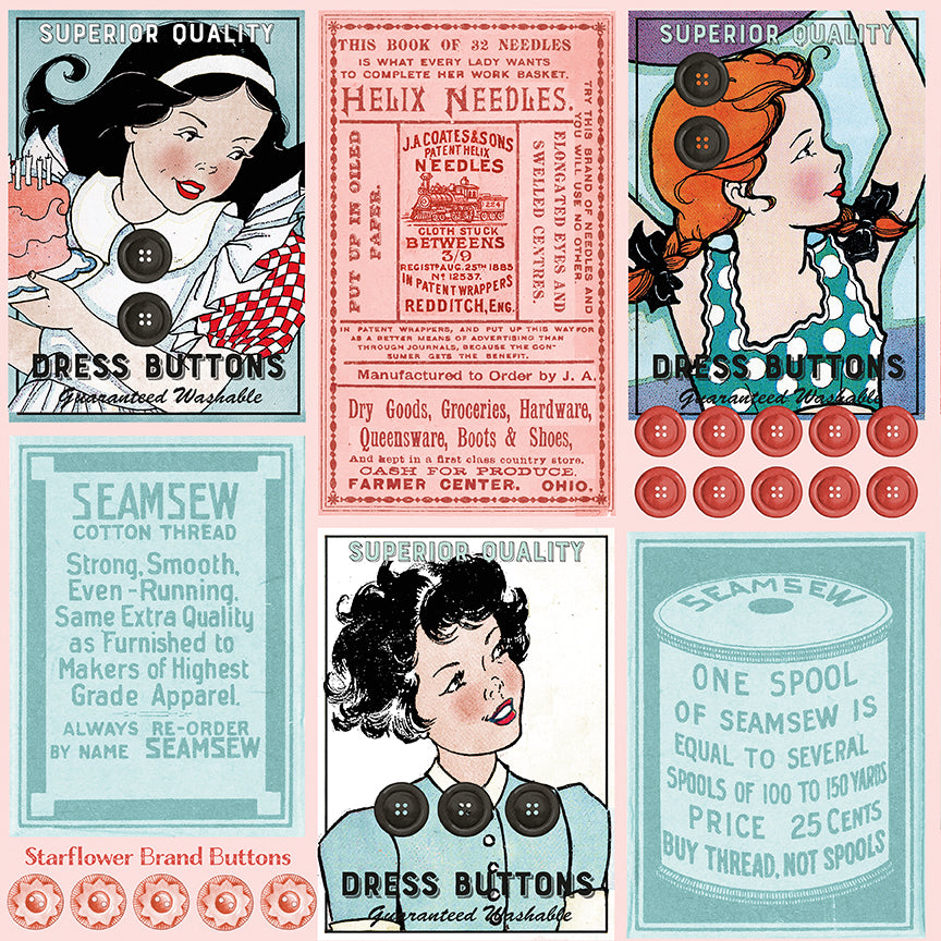 Collection of vintage-style advertisements for buttons and thread with illustrations of women and text.