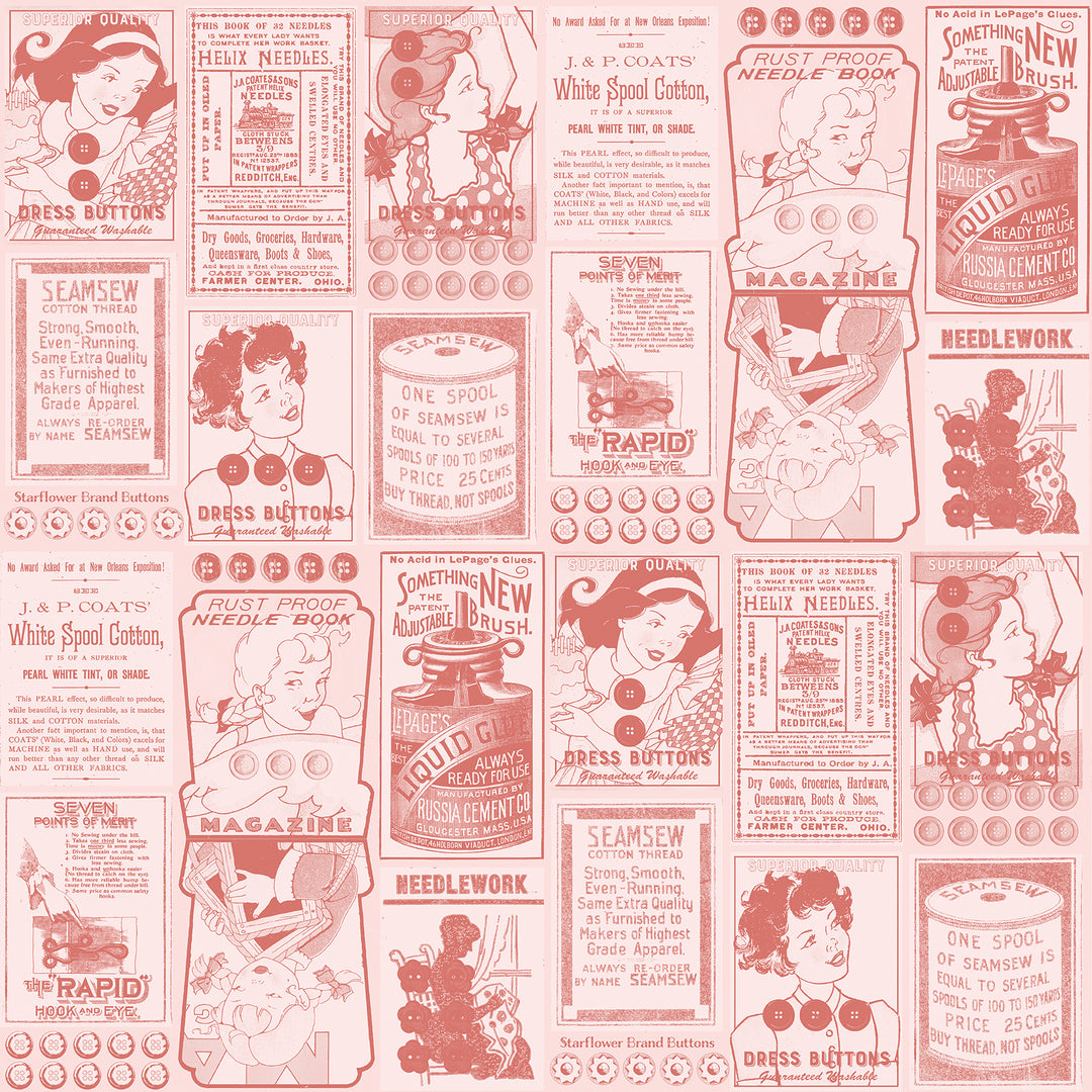 Pattern of vintage-style fabric advertisements and illustrations on a pink background