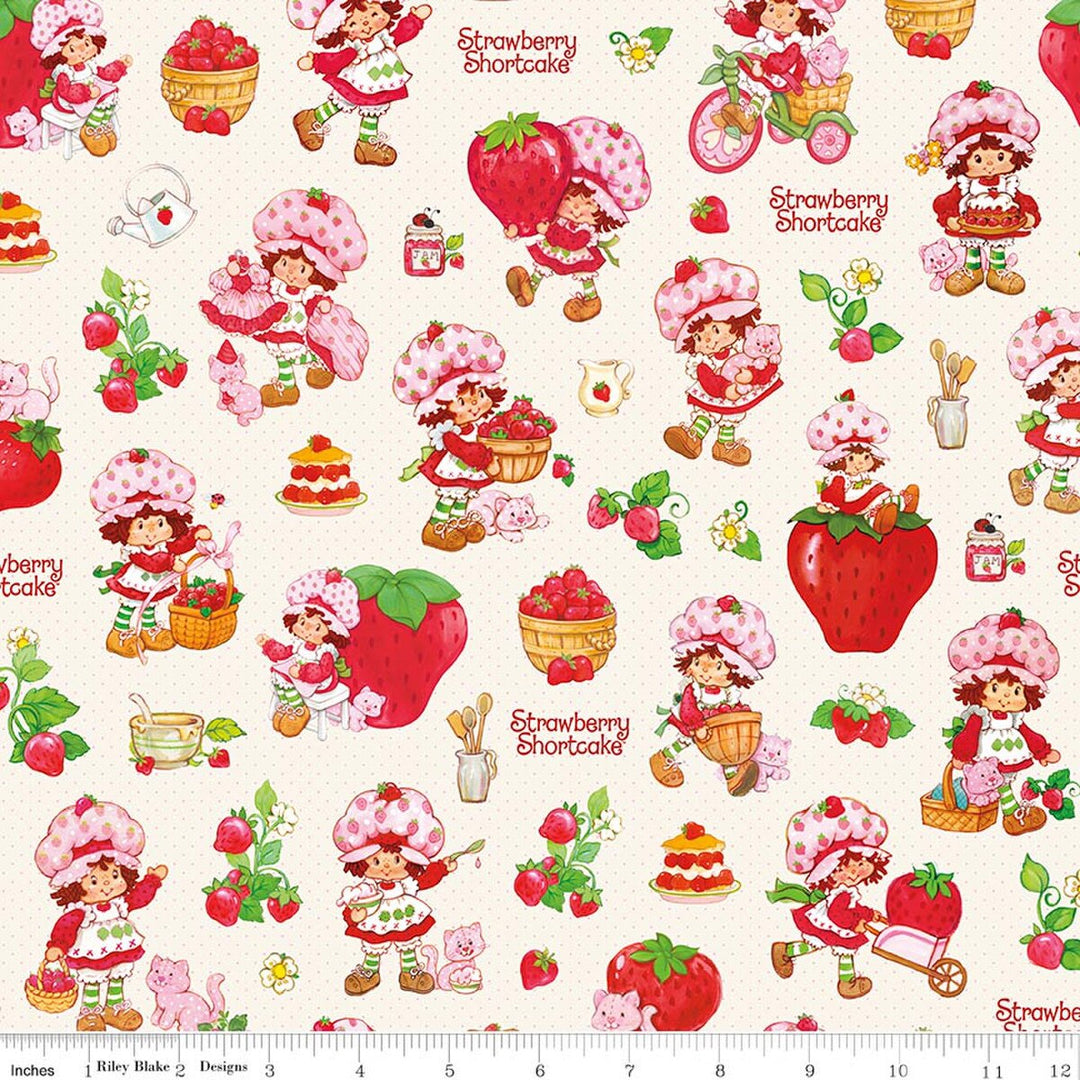 Patterned fabric with Strawberry Shortcake characters and strawberries on a white background.