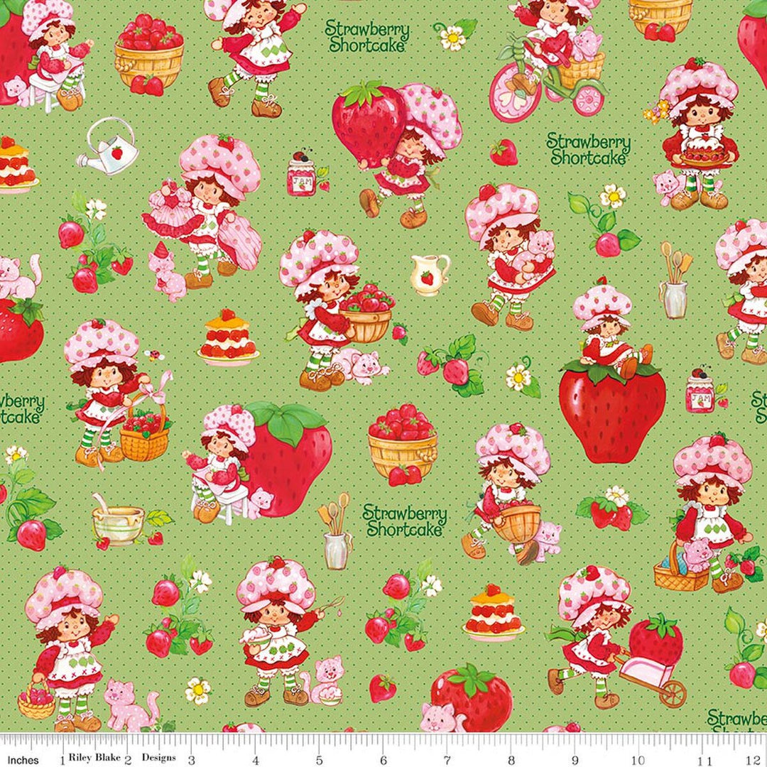 Fabric with Strawberry Shortcake pattern on a green background