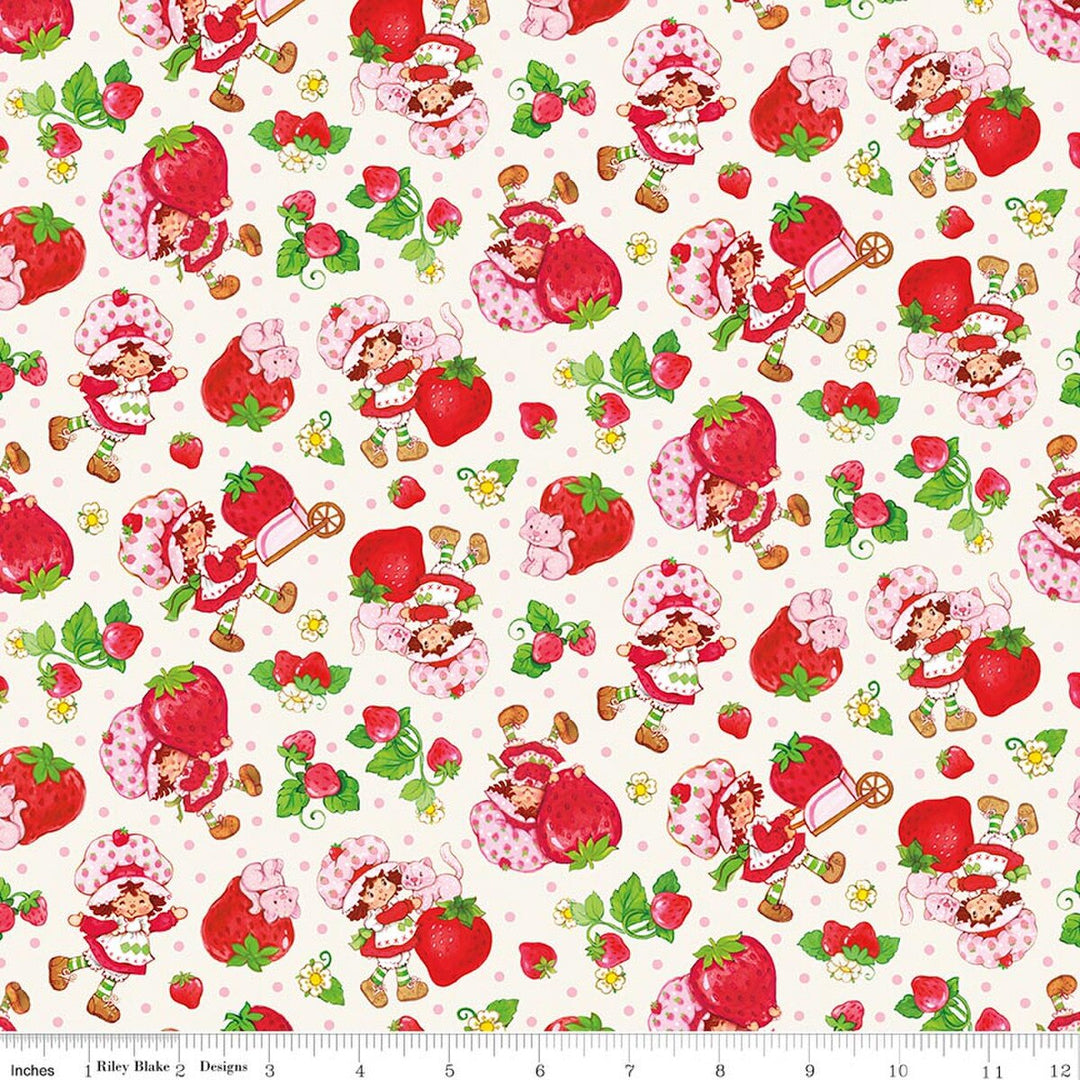 Pattern of cartoon characters and strawberries on a white background with a ruler at the bottom.