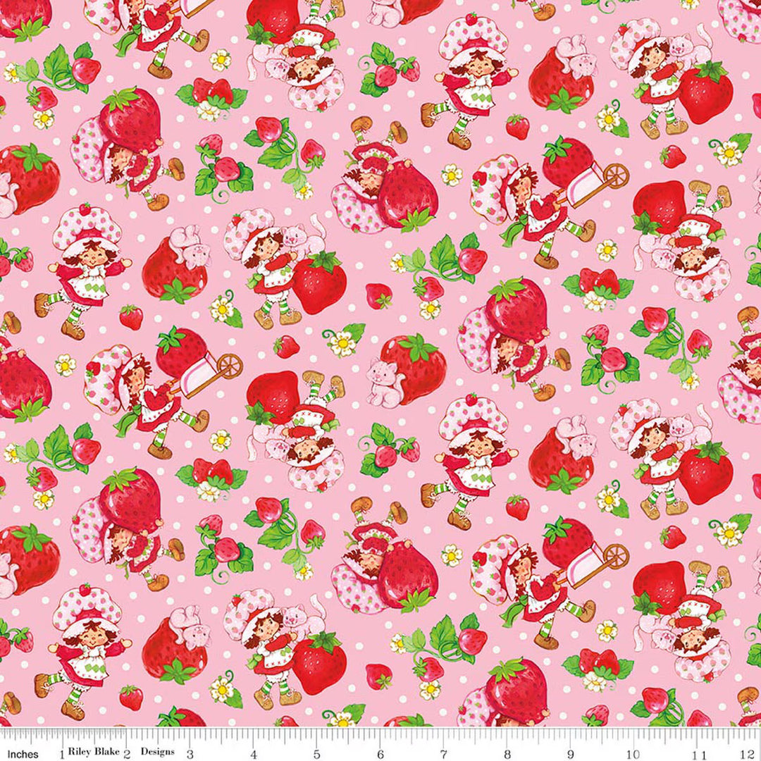 Fabric pattern with cartoon characters and strawberries on a pink background
