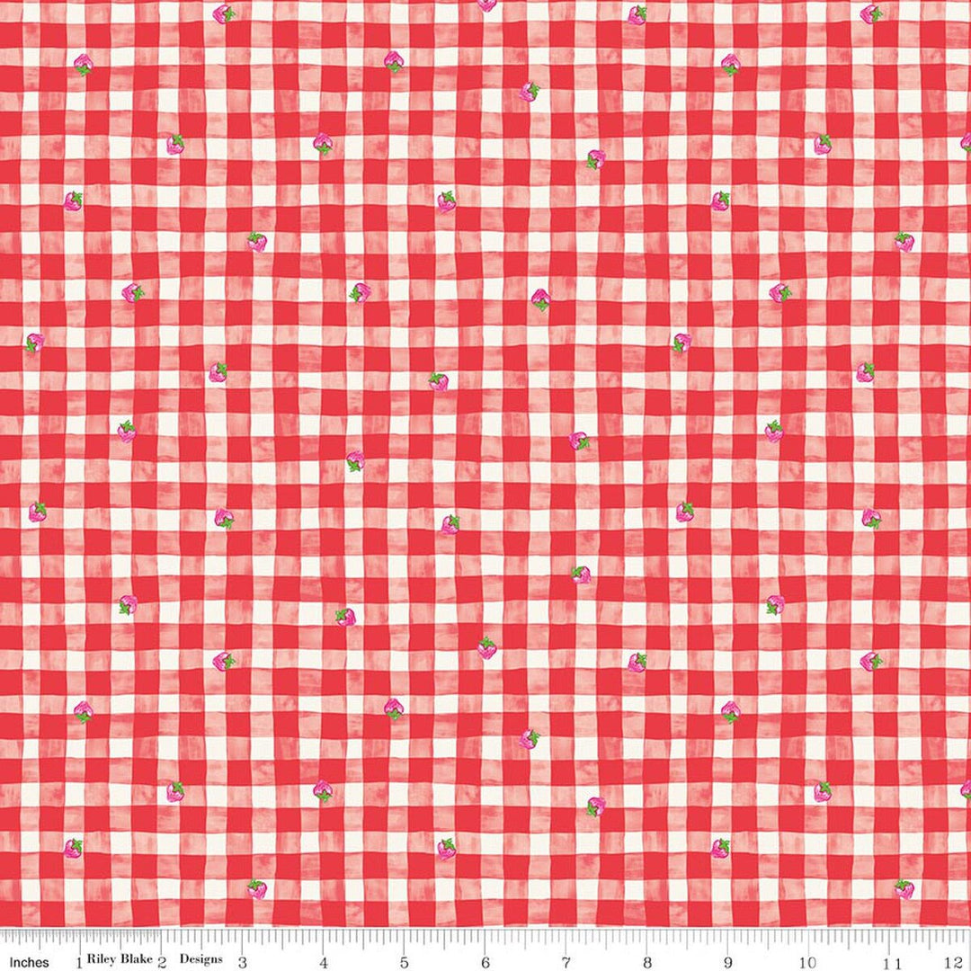 Red and white checkered fabric with small floral patterns