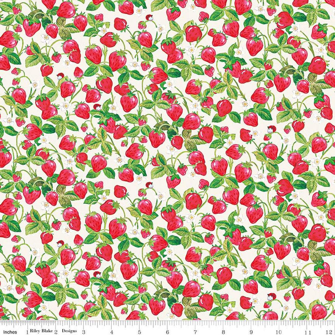 Pattern of red strawberries with green leaves on a white background, featuring a ruler at the bottom.