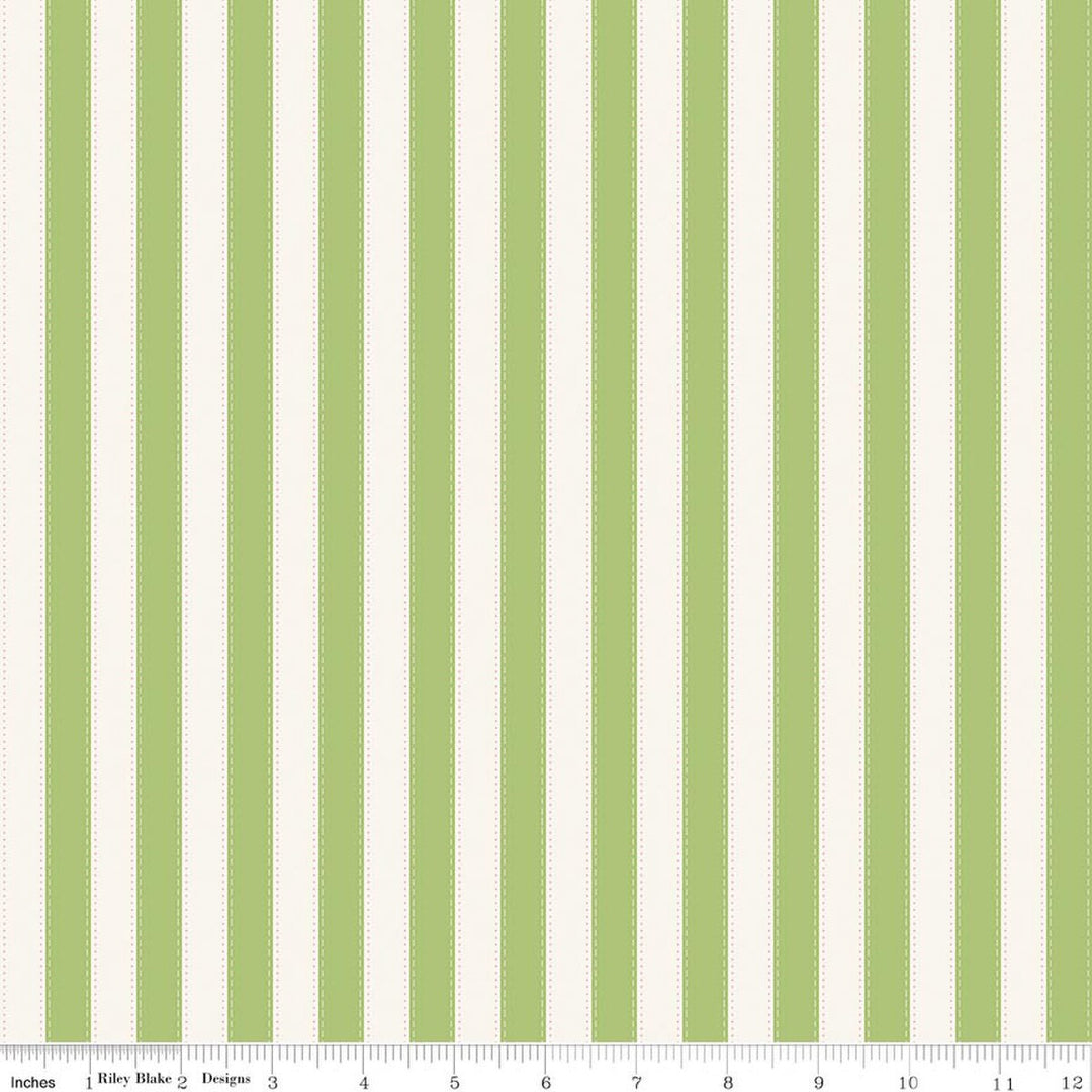 Fabric with green and white vertical stripes on a white background