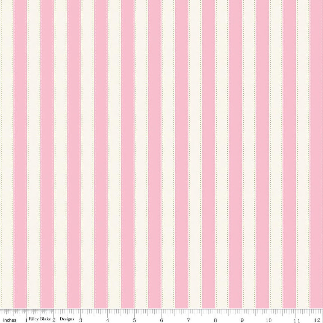 Fabric with pink and white vertical stripes on a white background