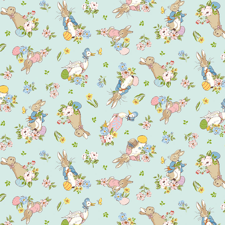A repeating Easter-themed pattern featuring Beatrix Potter-style rabbits, ducks, flowers, and eggs on a pale mint green background.
