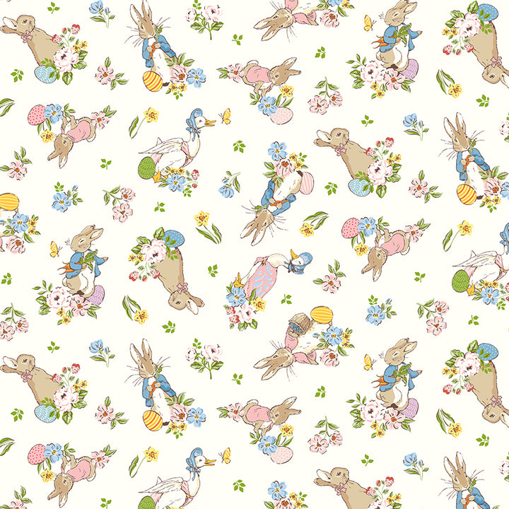 Pattern of cartoon bunnies and flowers on a white background