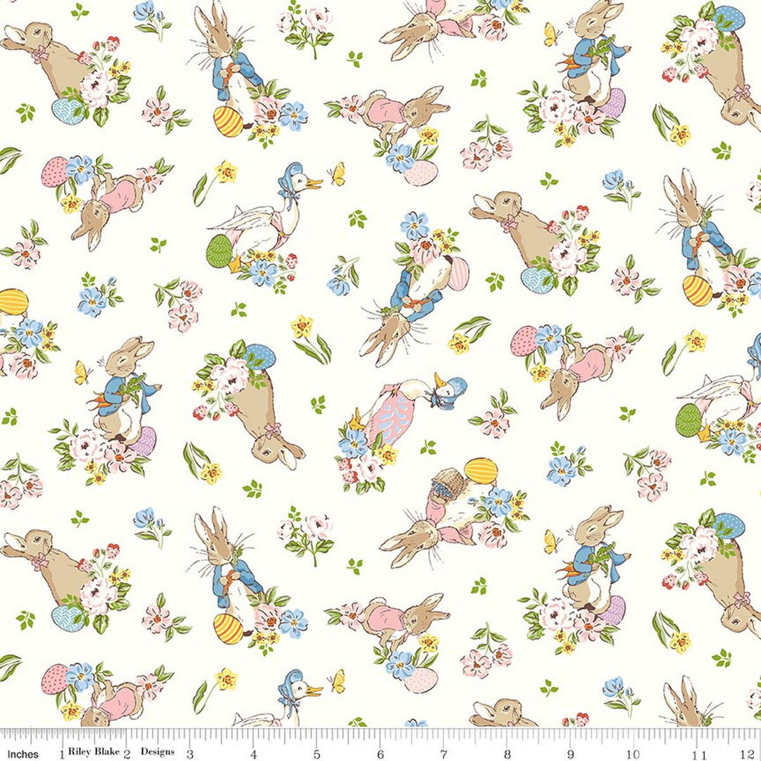 Pattern of cartoon bunnies and flowers on a white background with a ruler at the bottom for scale