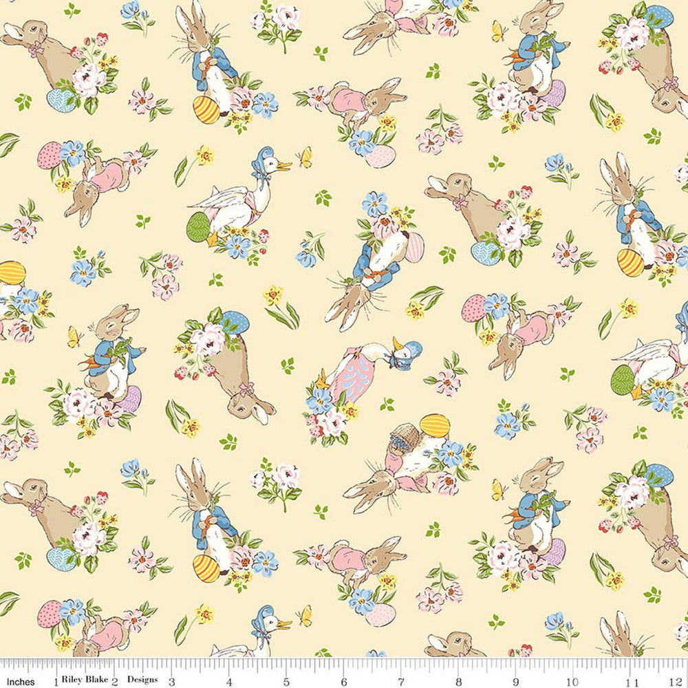 Fabric with cartoon bunnies and flowers on a beige background