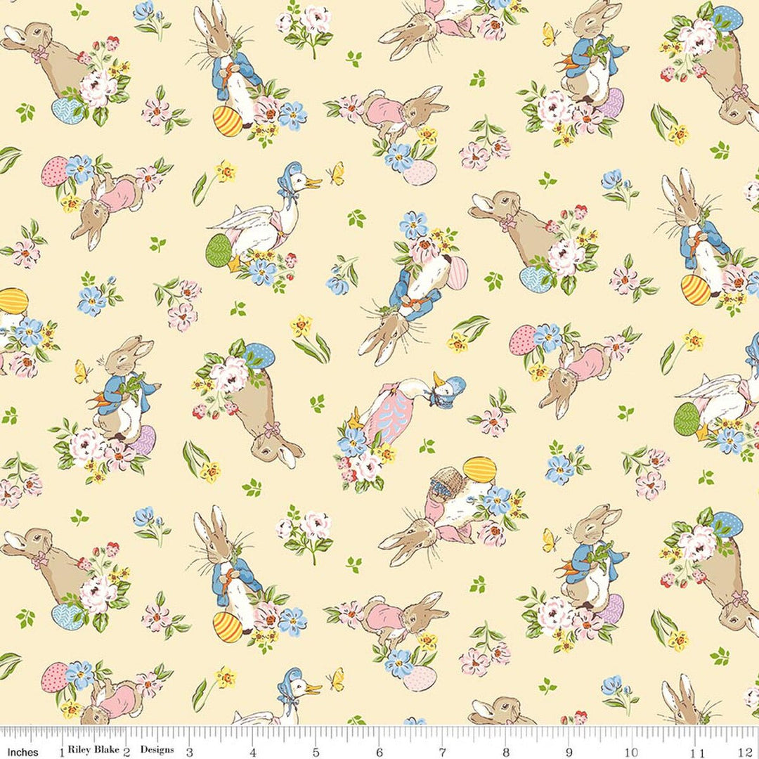 Fabric with cartoon bunnies and flowers on a beige background