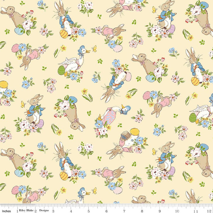 Fabric with cartoon bunnies and flowers on a beige background