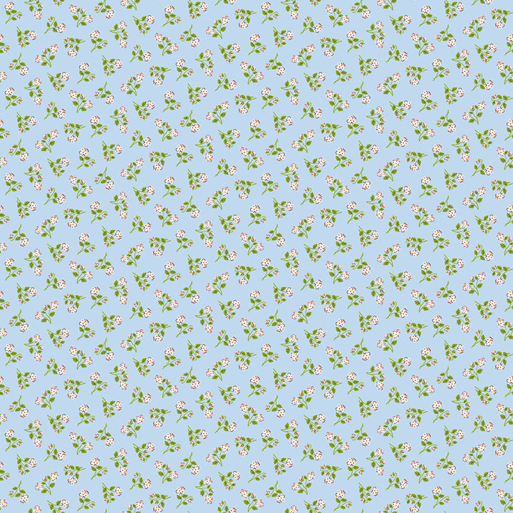 A repeating floral pattern featuring small pink blossoms and green leaves on a light blue background.