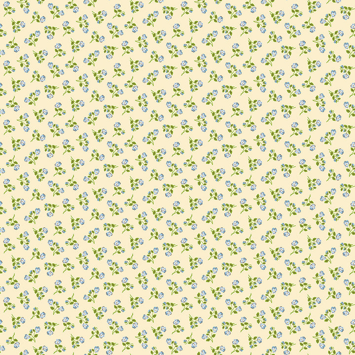 A repeating floral pattern featuring small light blue flowers and green leaves on a warm cream background.