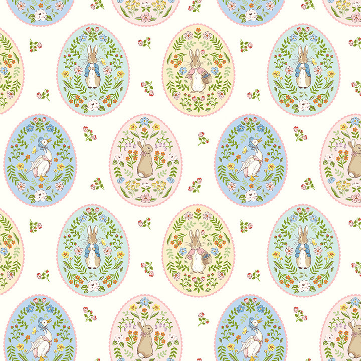 Pattern of Easter eggs with cartoon bunnies and flowers on a white background