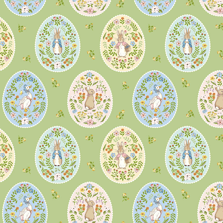 A repeating Easter-themed pattern featuring oval frames with Peter Rabbit illustrations, flowers, leaves, and small scattered floral motifs on a light green background.