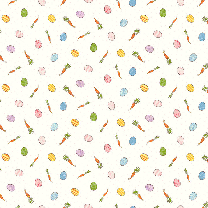 A repeating Easter-themed pattern featuring hand-drawn carrots, eggs, and flowers in pastel colors on a warm off-white background.