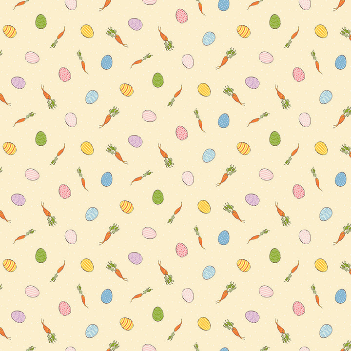 A repeating pattern of hand-drawn Easter eggs and carrots on a light cream background. The carrots have orange bodies with green leafy tops, and the eggs are in pastel shades of blue, green, pink, purple, yellow, and orange.
