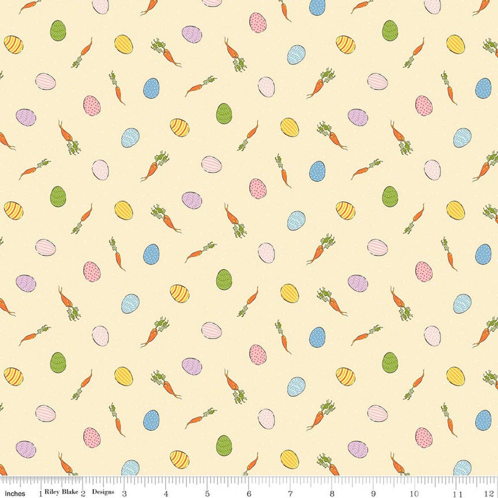 Pattern of Easter eggs, carrots, and tulips on a beige background