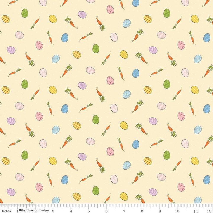 Pattern of Easter eggs, carrots, and tulips on a beige background