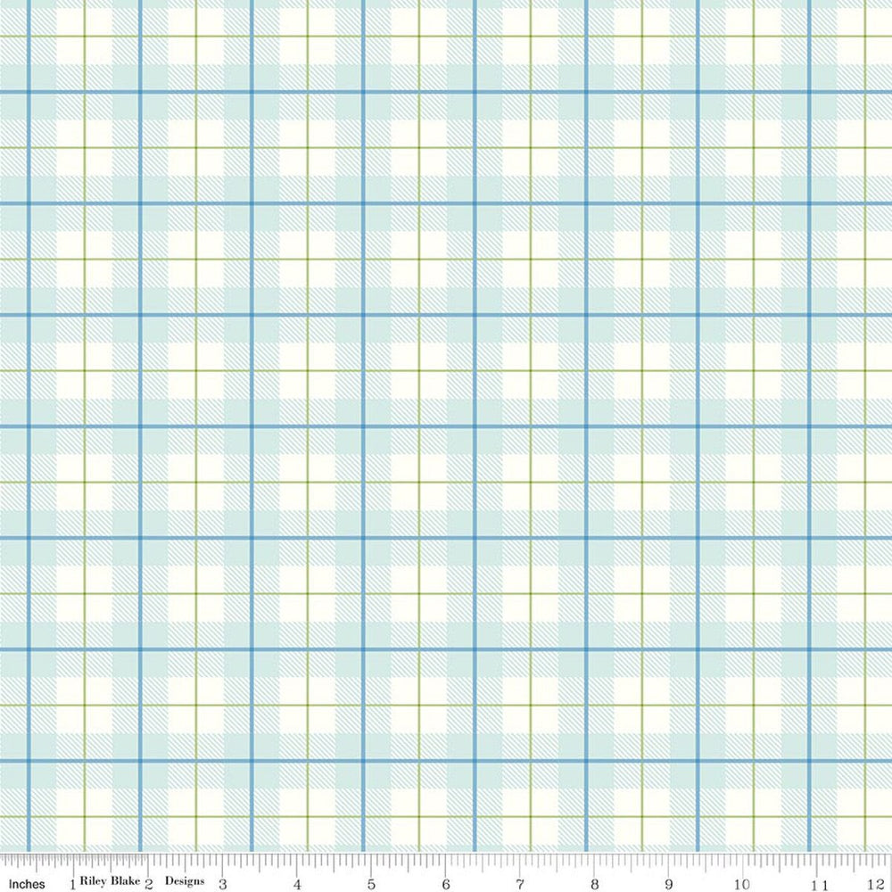 Grid pattern fabric with blue and green lines on a white background
