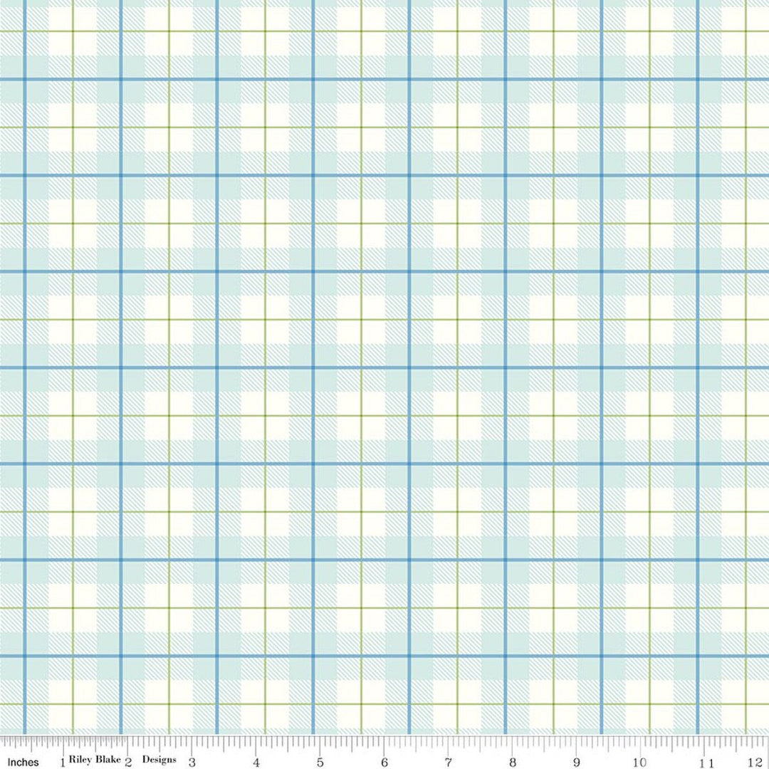 Grid pattern fabric with blue and green lines on a white background
