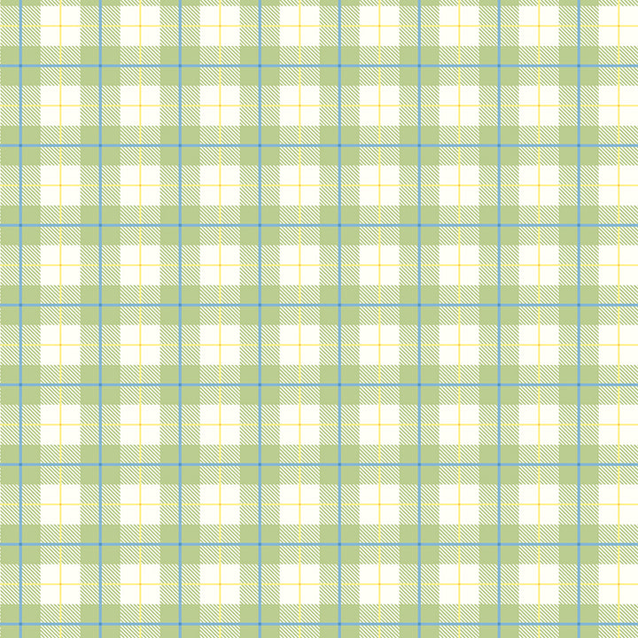 A repeating gingham plaid pattern with white squares, light green checks, and thin blue and yellow grid lines.