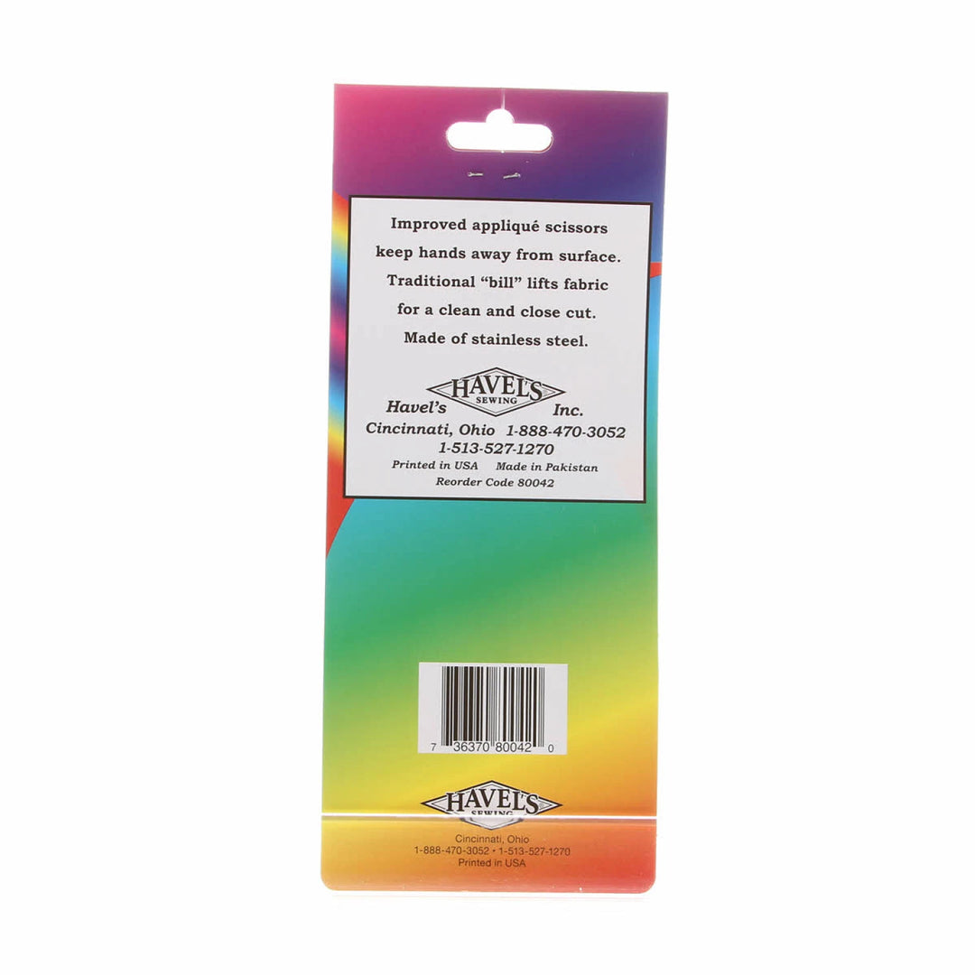 Colorful packaging of Havel's improved applique scissors with text and branding.