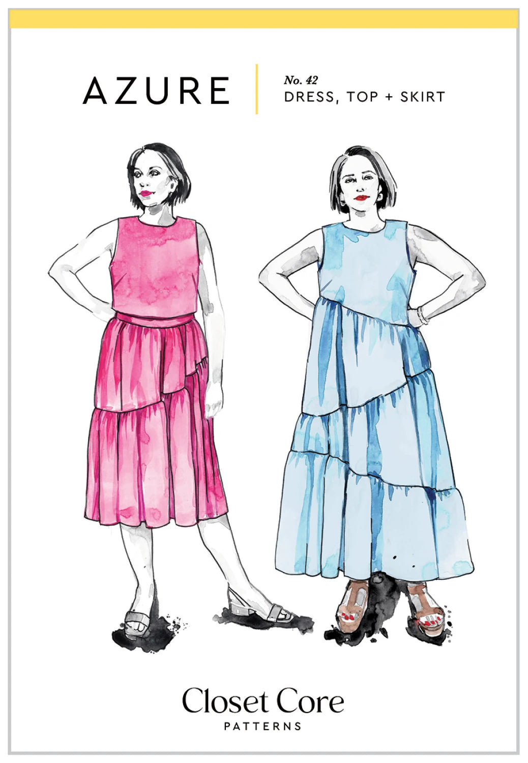 Illustration of two women wearing dresses with 'Azure' branding and 'Closet Core Patterns' text.