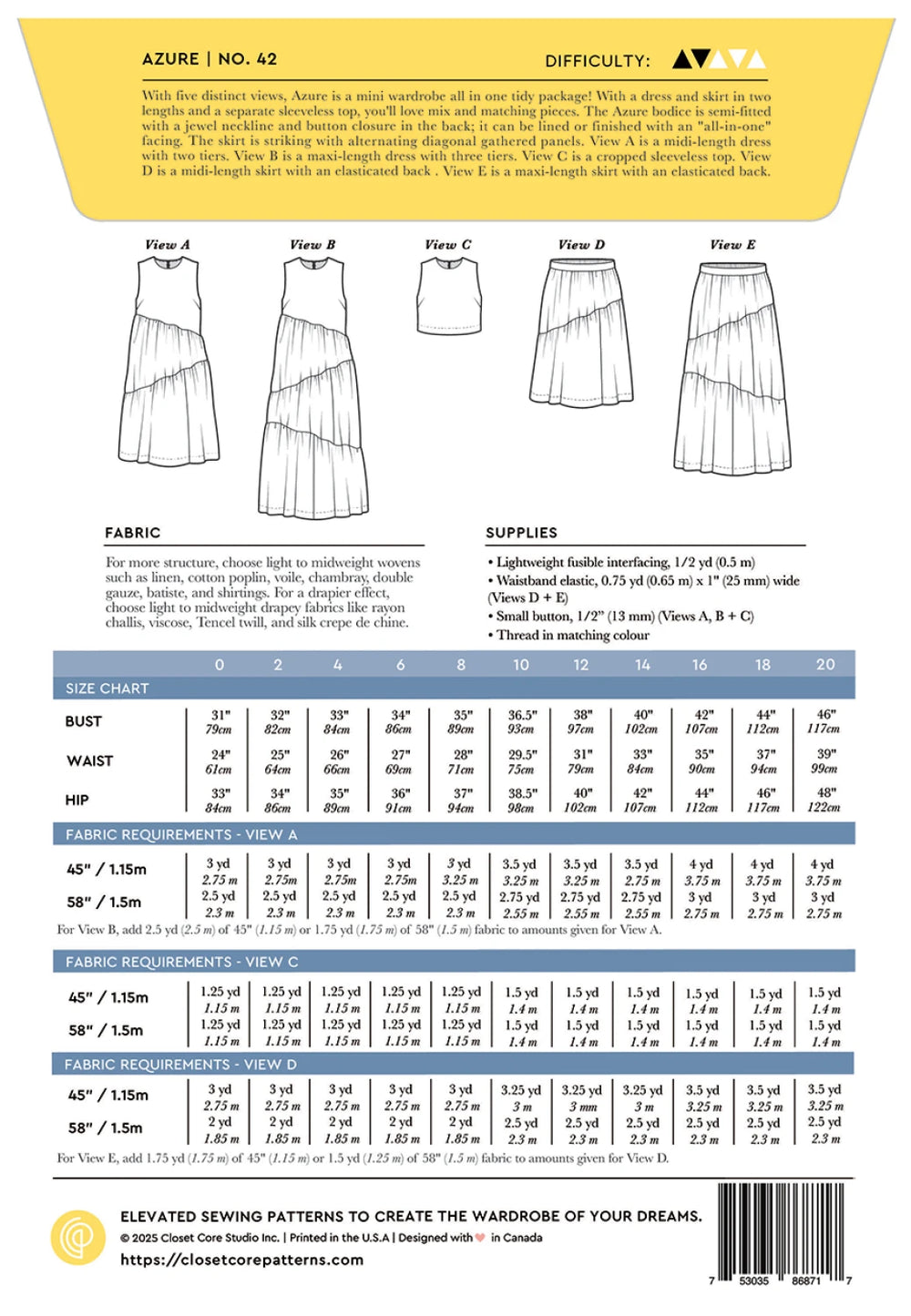Sewing pattern for a skirt with fabric requirements and size chart on a yellow background
