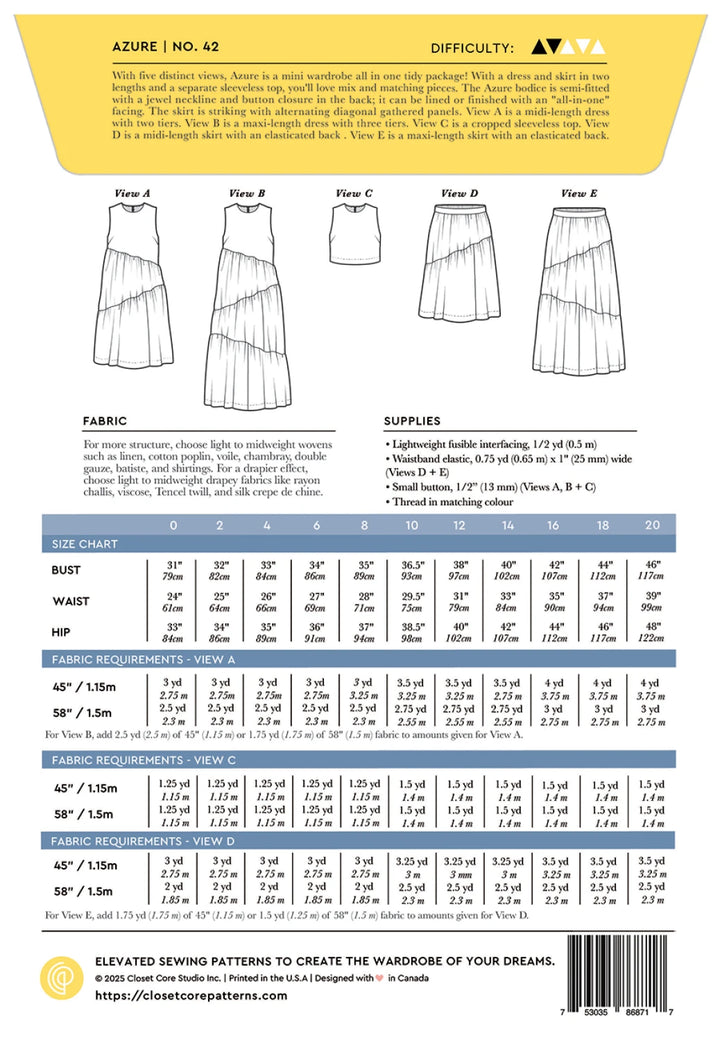 Sewing pattern for a skirt with fabric requirements and size chart on a yellow background