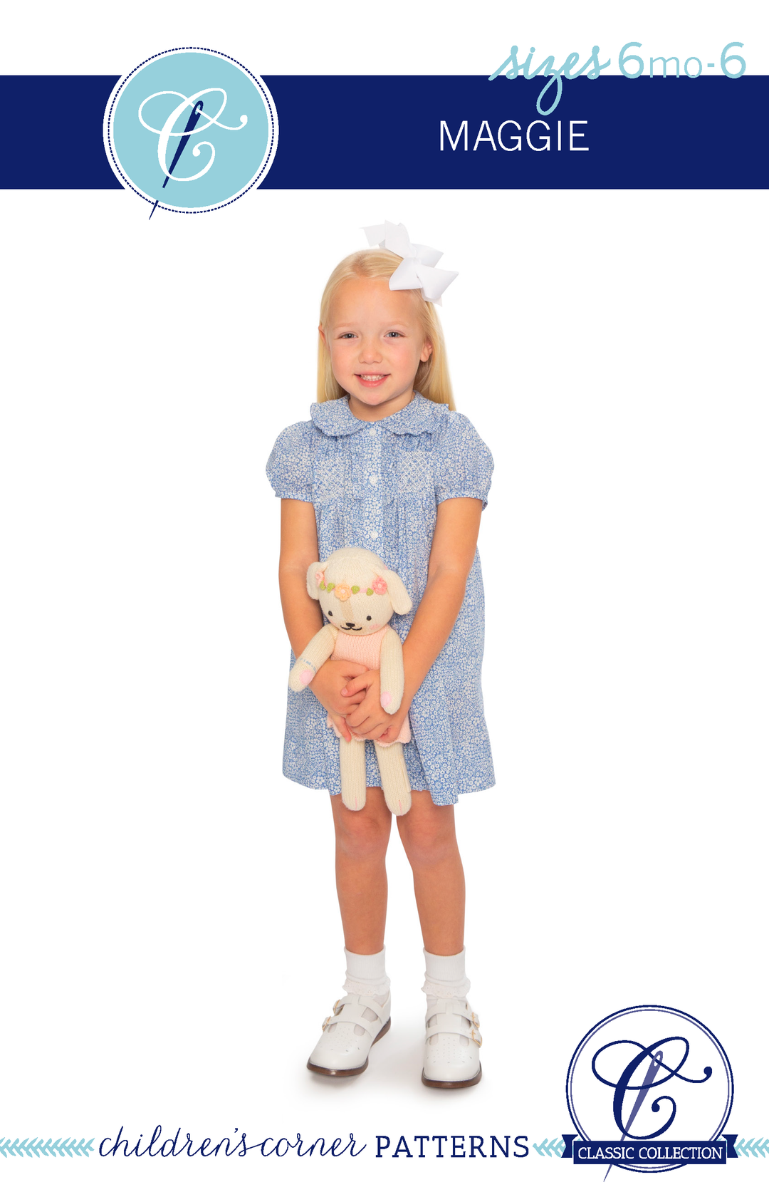 Picture of a little girl in a blue floral smocked dress holding a stuffed animal, all on the front of the 6mo-6yr Children's Corner Maggie pattern cover