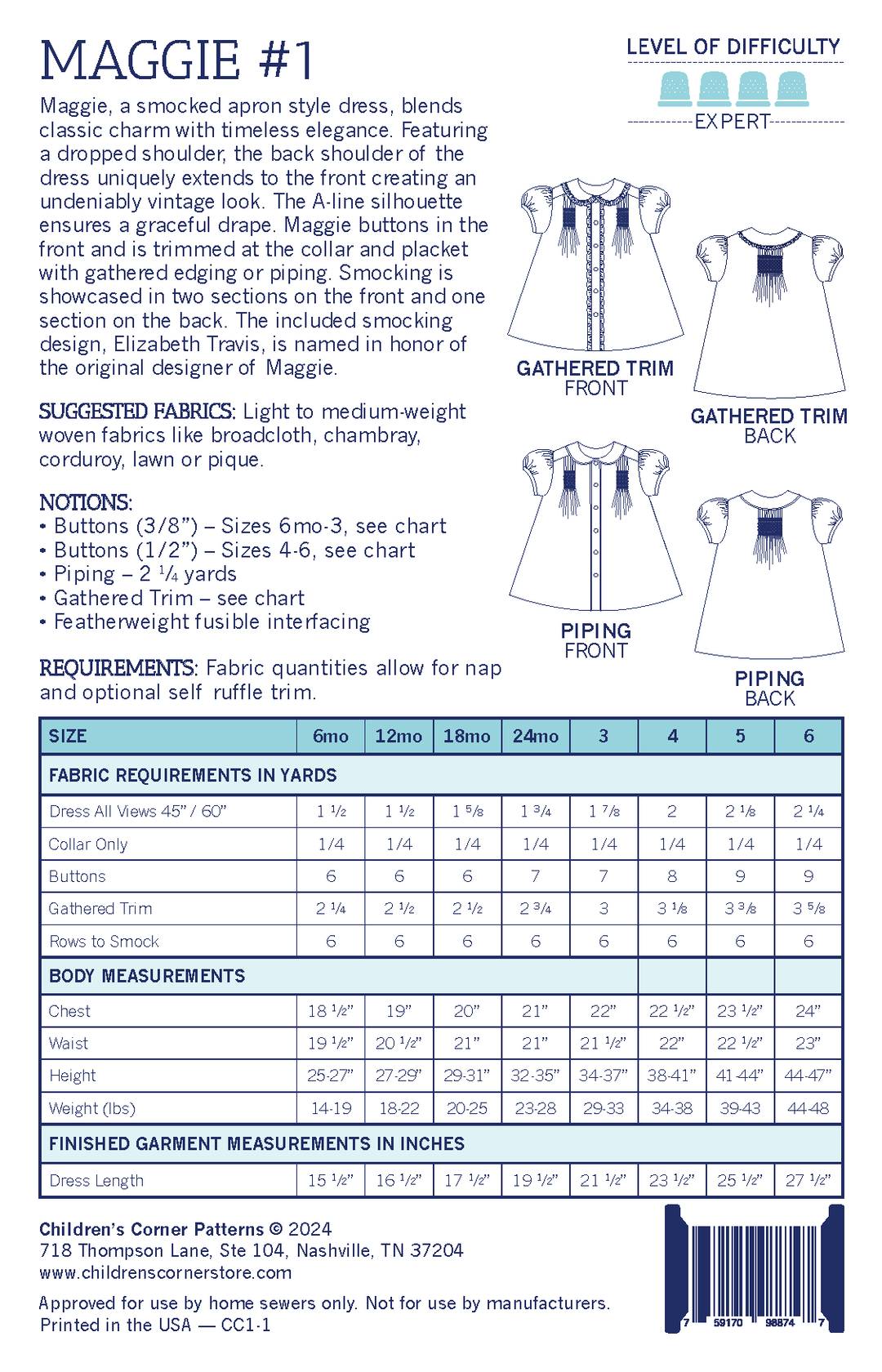 Back of the Children's Corner Maggie pattern, giving a description of the pattern including yardage and notion requirements