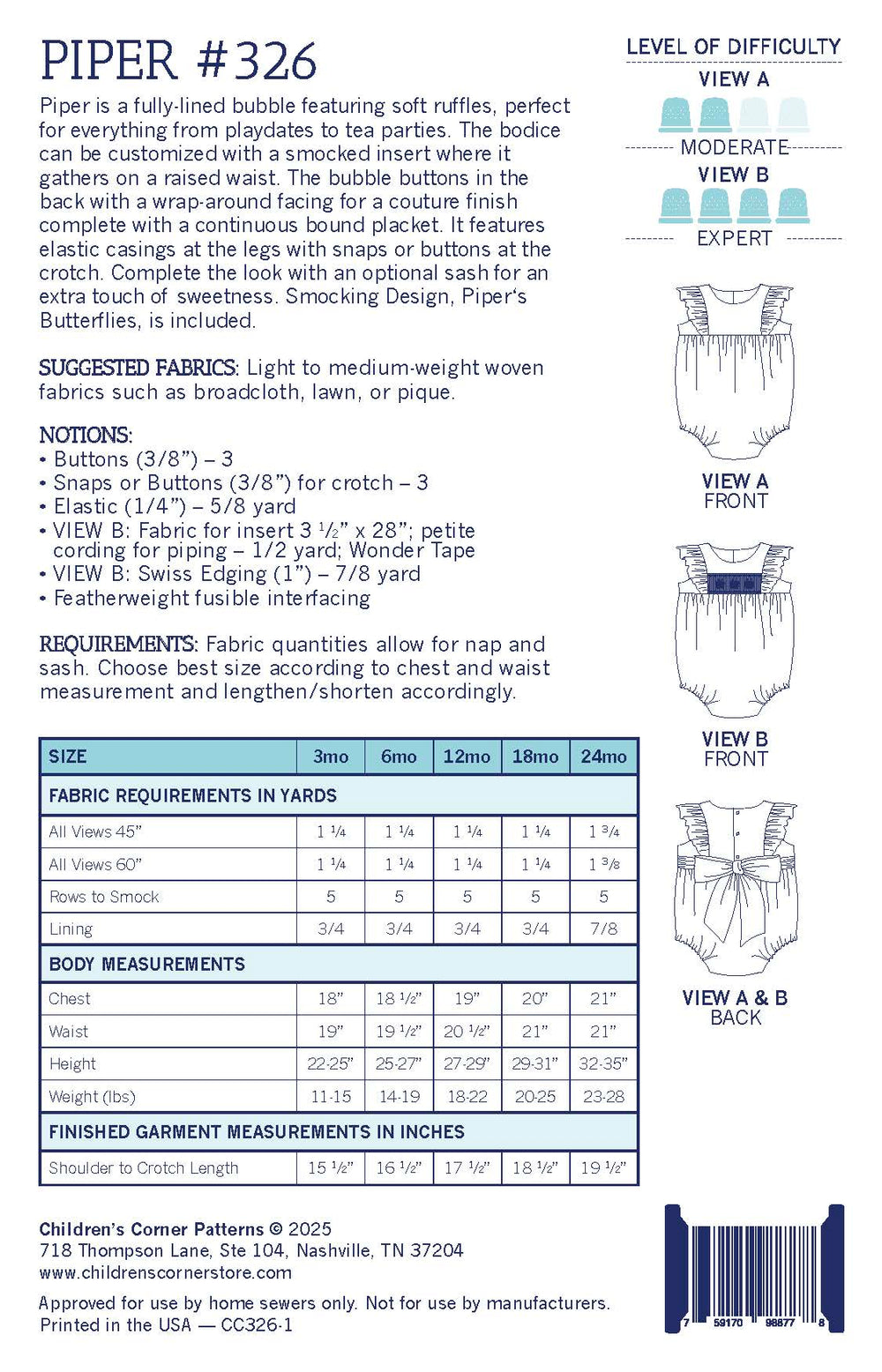 Pattern envelope for children's romper with fabric requirements, body measurements, and size chart.