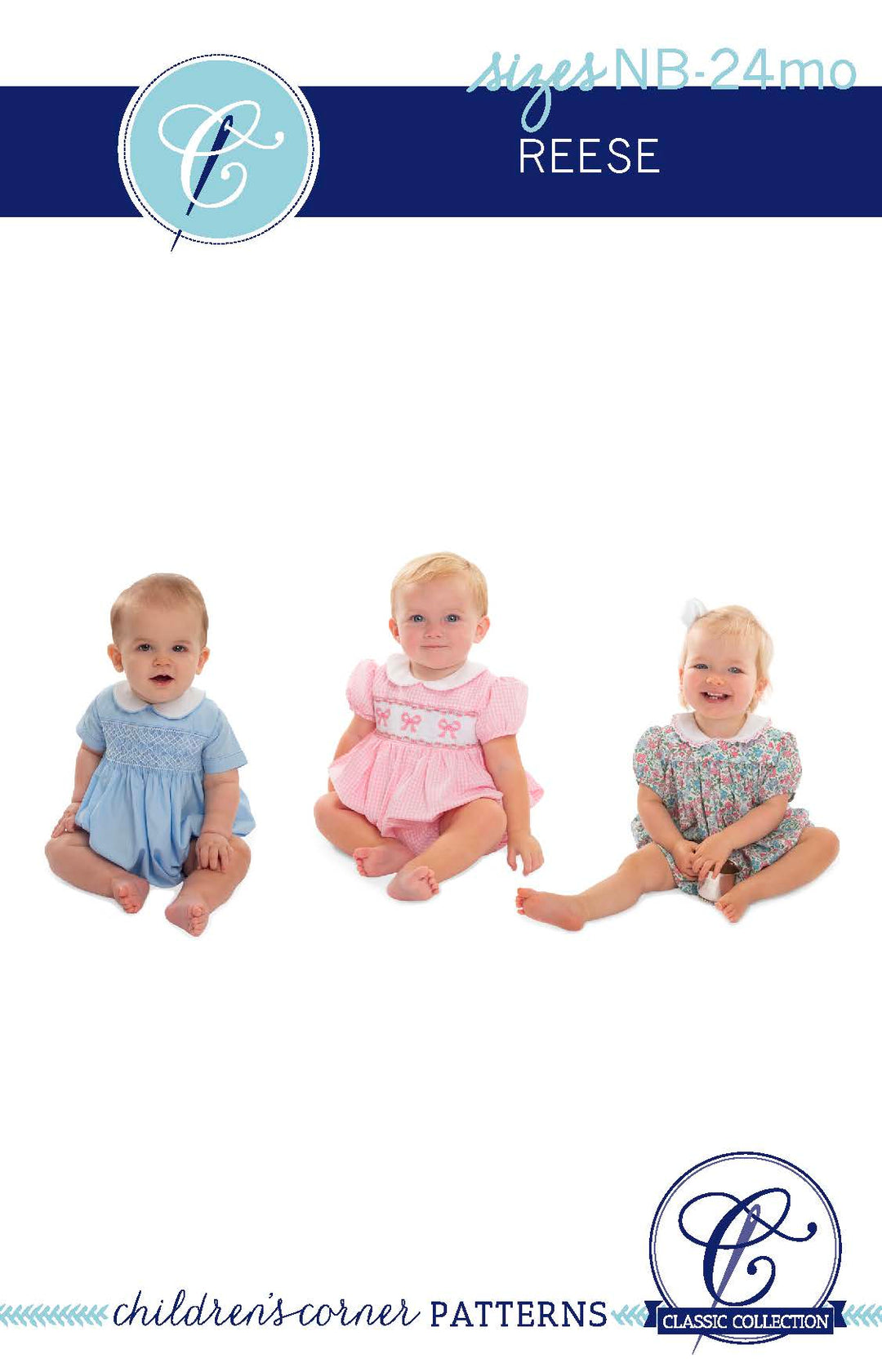 Three babies wearing colorful rompers with 'Children's Corner Patterns' branding.