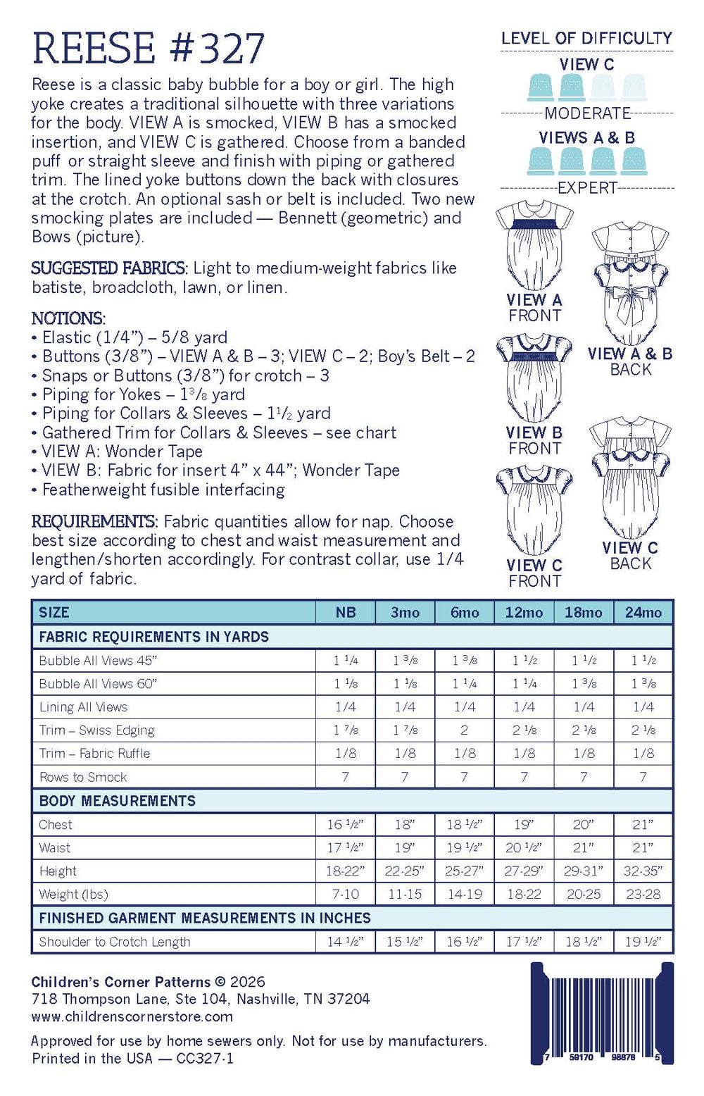 Children's Corner pattern sheet for a classic bubble dress with fabric requirements and measurements.