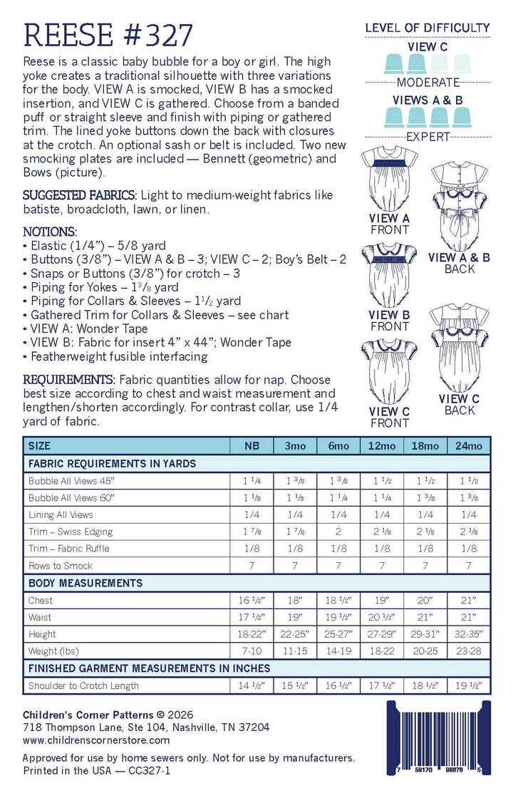 Children's Corner pattern sheet for a classic bubble dress with fabric requirements and measurements.