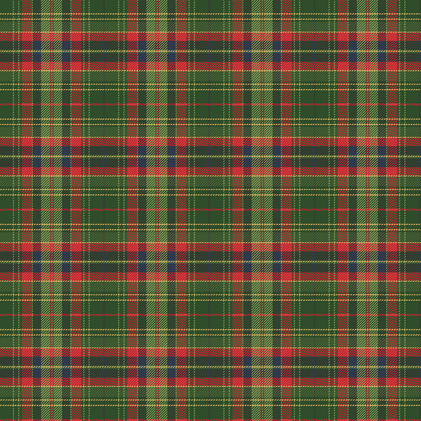 Plaid pattern with green, red, and yellow colors on a fabric texture.