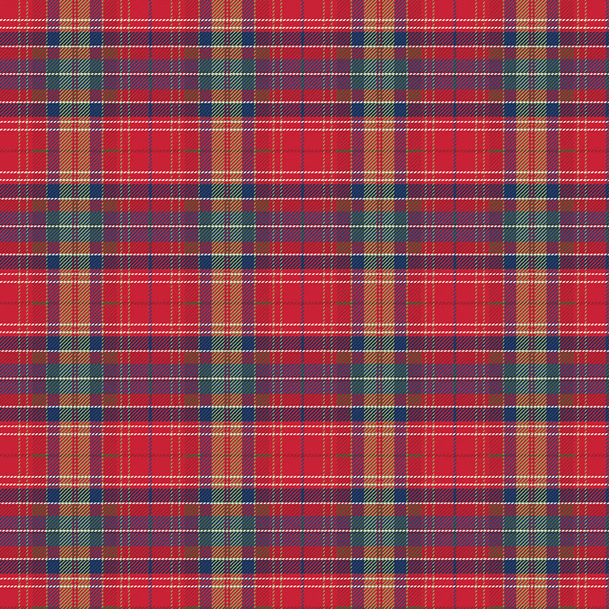 Plaid pattern with red, blue, and yellow colors on a red background