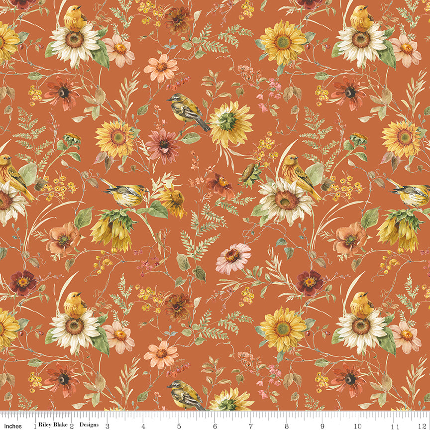 Brown background with sprigs of flowers and leaves with birds.