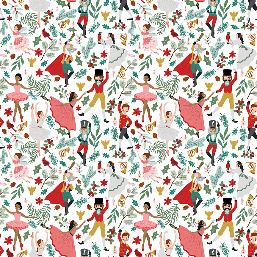Pattern of Nutcracker characters and Christmas elements on a white background
