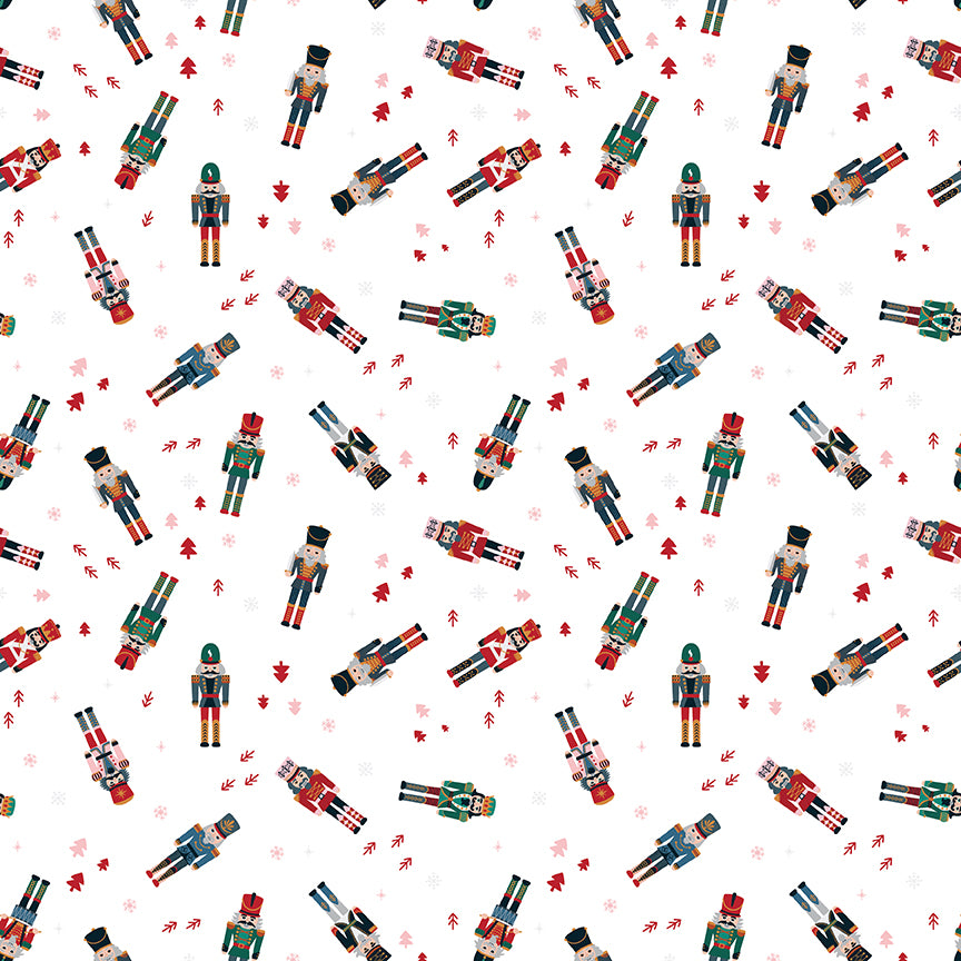 Pattern of colorful nutcrackers on a white background