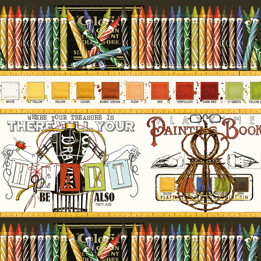 Colorful crayons, a ruler, and artistic illustrations on a white background.
