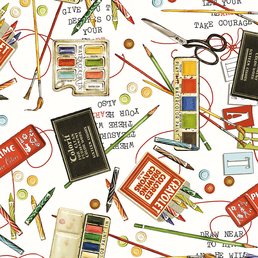 Colorful pattern of art supplies including paint sets, brushes, and scissors on a white background.