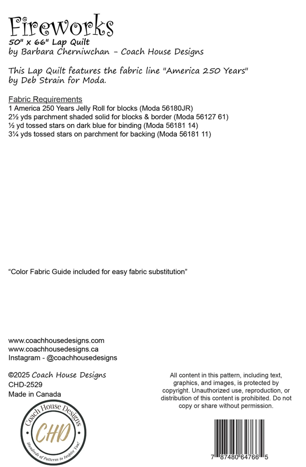 Back of a Fireworks lap quilt pattern with fabric requirements and design details.