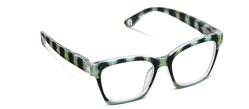 Eyeglasses with a green and navy striped frame on a white background
