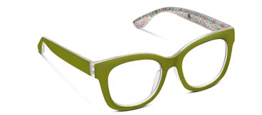 Green eyeglasses with a floral pattern on the arm against a white background