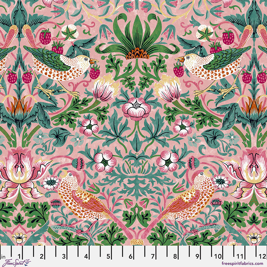 Patterned fabric with birds and flowers on a pink background
