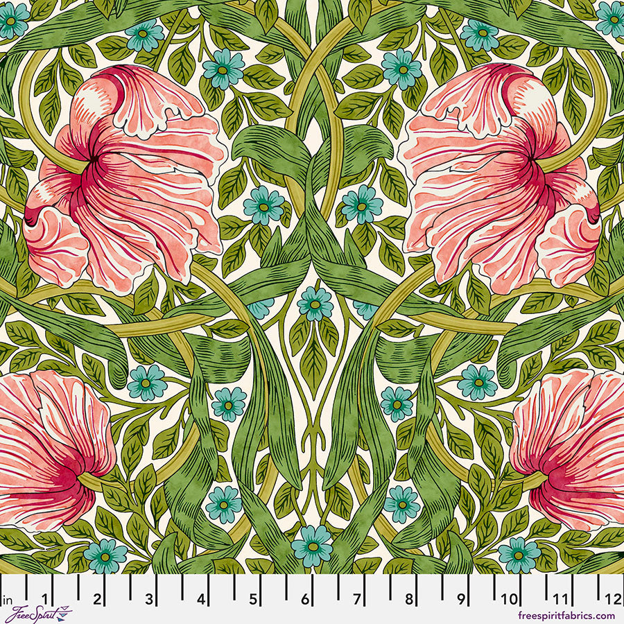 Decorative fabric pattern with pink flowers and green leaves on a white background