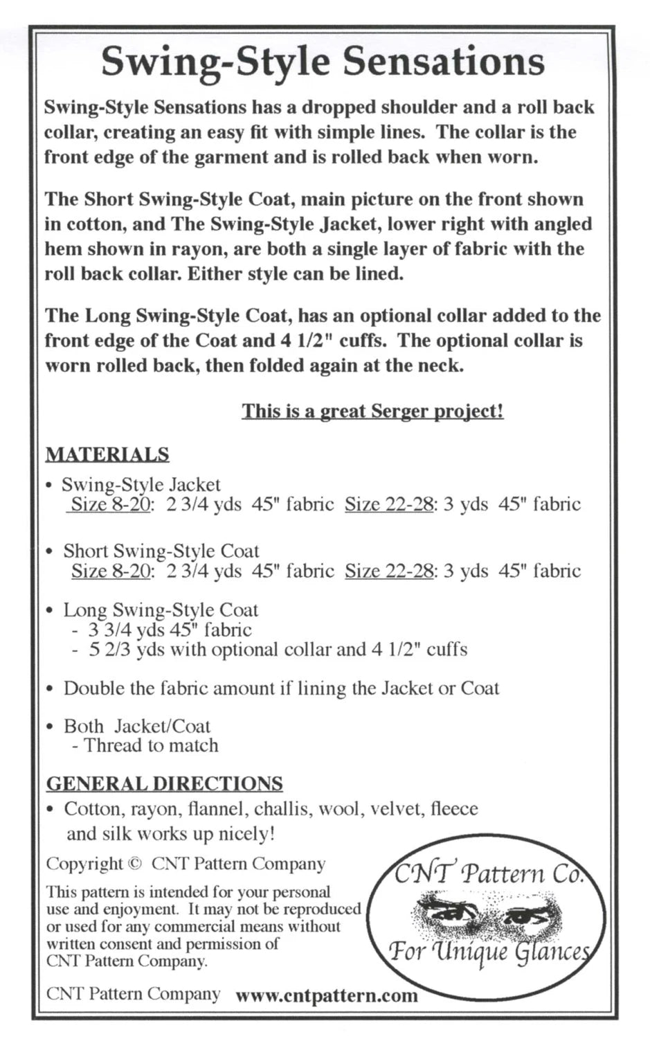 Pattern description for Swing-Style Sensations clothing with text and CNT Pattern Co logo.